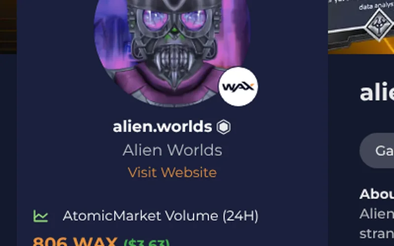 Scheda della collezione alien.worlds sul mercato AtomicHub, con la voce «AtomicMarket Volume (24H)» e il valore «806 WAX ($3.63)».