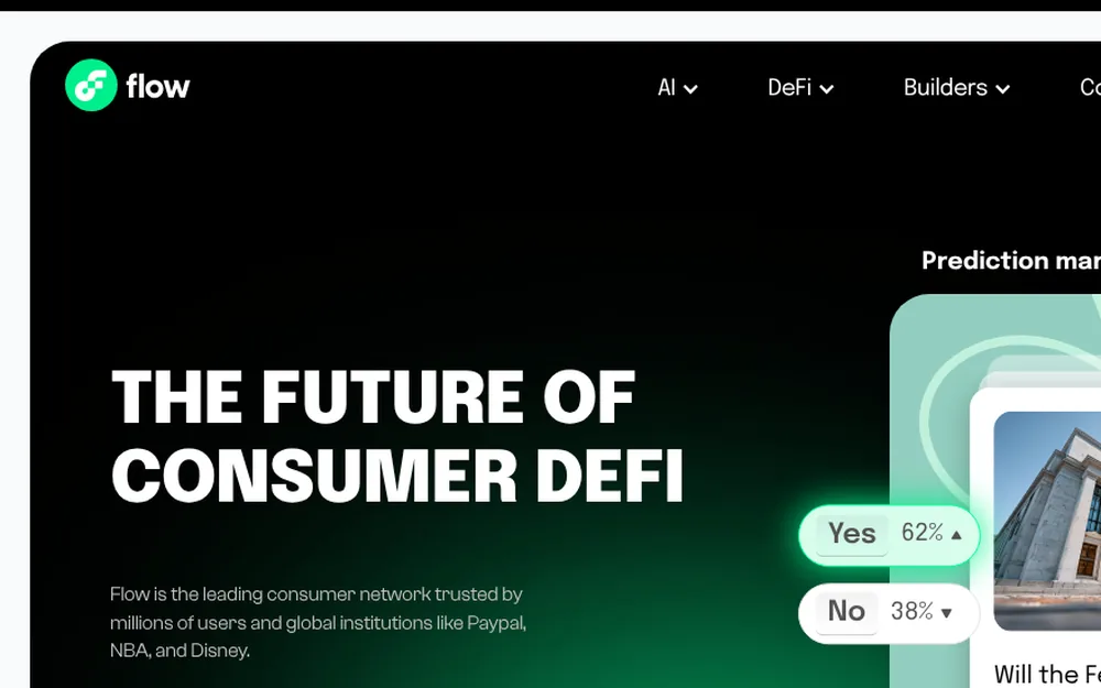 Pagina iniziale di Flow con il titolo «The future of consumer DeFi» e, accanto, un riquadro di mercati previsionali con una domanda sui tassi della Federal Reserve.