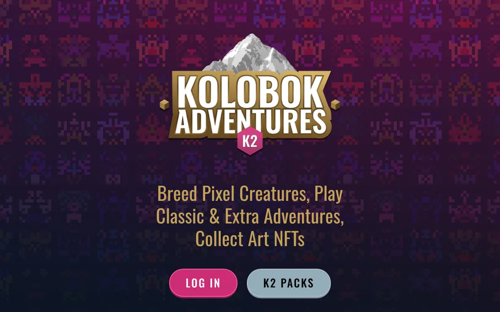 Pagina iniziale di Kolobok Adventures: logo in pixel art, la riga «Breed Pixel Creatures, Play Classic & Extra Adventures, Collect Art NFTs» e i pulsanti «Log in» e «K2 Packs».