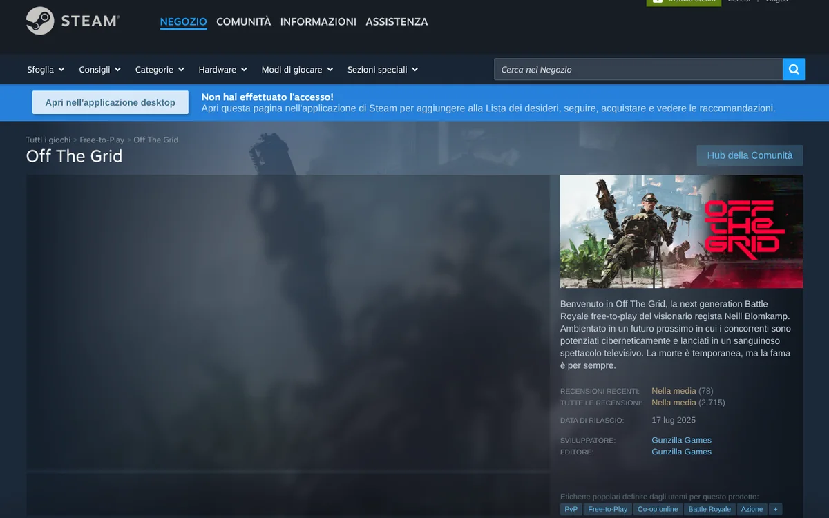 Scheda di Off The Grid sul negozio Steam italiano, con il percorso di navigazione «Tutti i giochi > Free-to-Play > Off The Grid».