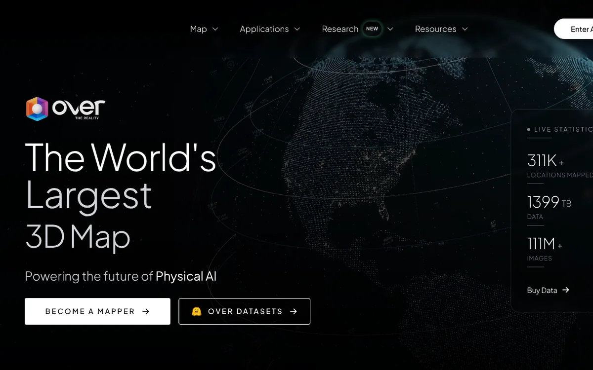 Pagina iniziale di OVER con il titolo «The World's Largest 3D Map», la riga «Powering the future of Physical AI» e tre contatori: 311K, 1399 TB, 111M.