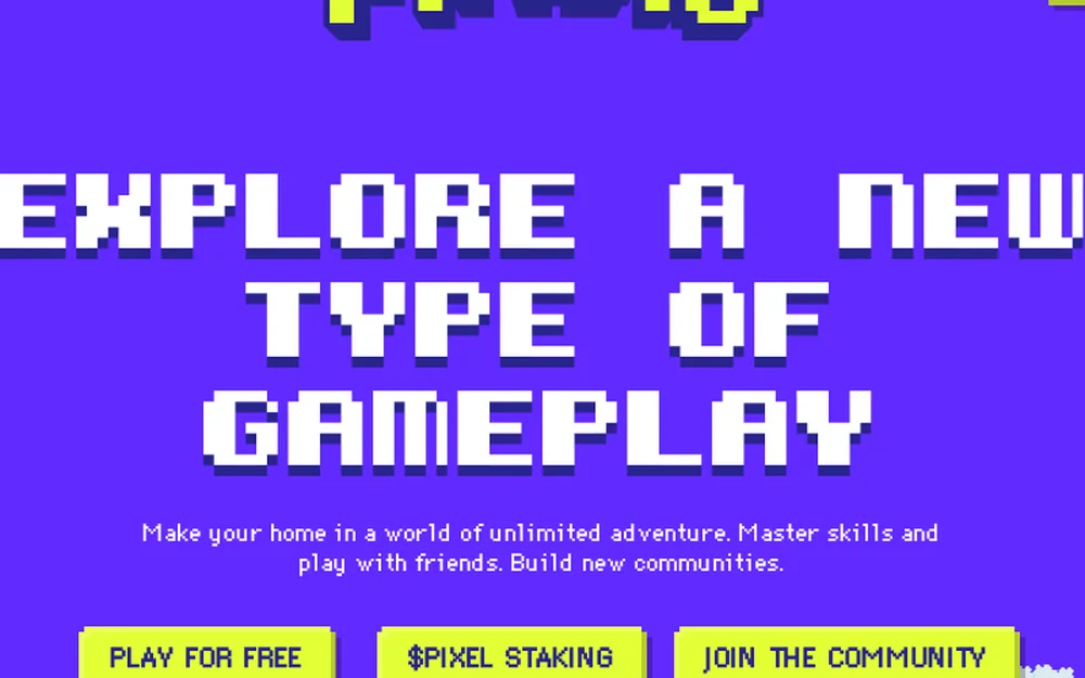 Pagina iniziale di Pixels, in pixel art, con la scritta «Explore a new type of gameplay» e i pulsanti «Play for free», «$PIXEL staking» e «Join the community».