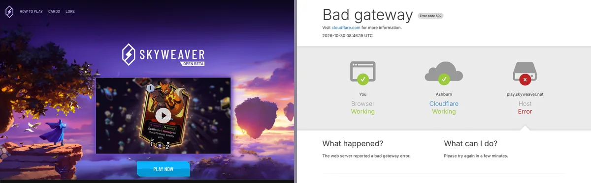 Due schermate affiancate: a sinistra il sito di SkyWeaver, con grafica curata e un pulsante «Play Now»; a destra la pagina di errore «502 Bad gateway» di play.skyweaver.net, che segnala «Host: Error».