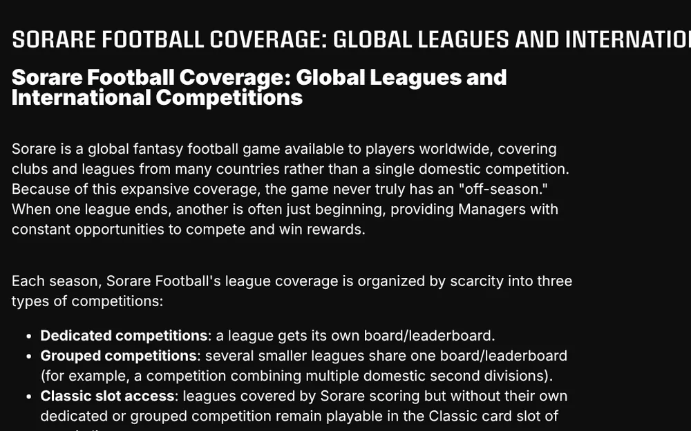 Pagina di assistenza di Sorare intitolata «Sorare Football Coverage: Global Leagues and International Competitions», che descrive competizioni dedicate, raggruppate e a slot libero.