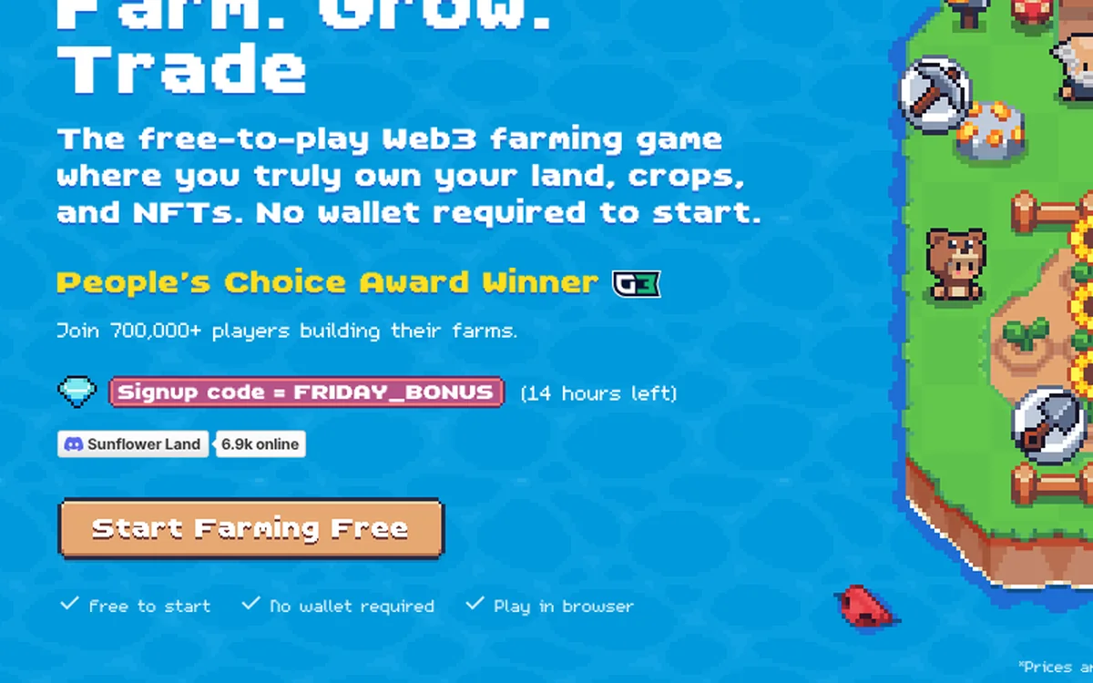 Pagina iniziale di Sunflower Land con il titolo «Farm. Grow. Trade.» e tre spunte: «Free to Start», «No wallet required», «Play in browser».