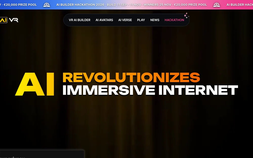 Pagina iniziale di Victoria VR: su fondo scuro la scritta «AI revolutionizes immersive internet» e un menu con le voci VR AI Builder, AI Avatars, AI Verse, Play, News, Hackathon.