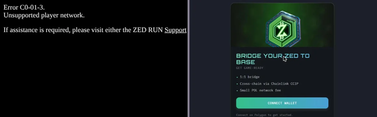 Due schermate affiancate dello stesso indirizzo zed.run: a sinistra una pagina bianca con la scritta «Error C0-01-3. Unsupported player network»; a destra una scheda su fondo scuro intitolata «Bridge your ZED to Base».